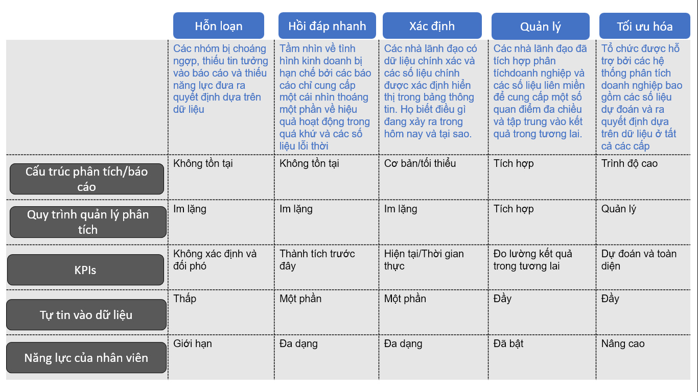 Chúng tôi sử dụng Mô hình Analytics 8 Maturity để xác định vị trí hiện tại của khách hàng và những gì cần làm để đưa họ tiến lên trên quy mô lớn.